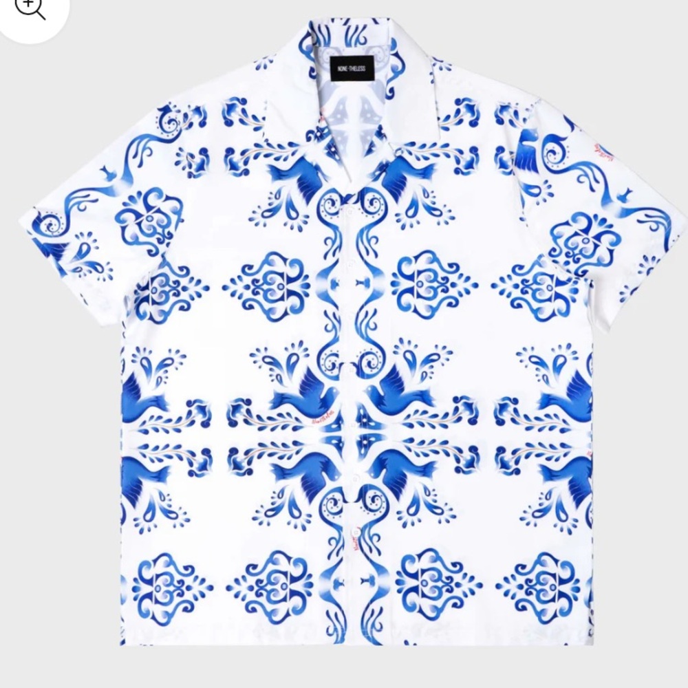 NONE•THELESS BLUE White Birdie Custom Weaved Premium Poly Button Up Shirt NWOT S